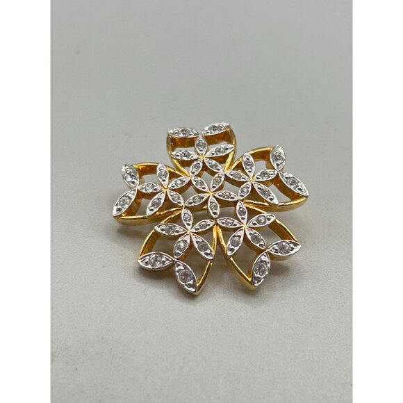 Genuine Signed Swarovski Swan Flower Brooch Gold Plated & Crystals Dainty Pin - Picture 3 of 5